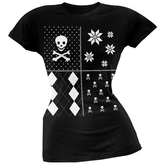 Skull and Crossbones Festive Blocks Ugly Christmas Sweater Black Soft Juniors T-Shirt - Small