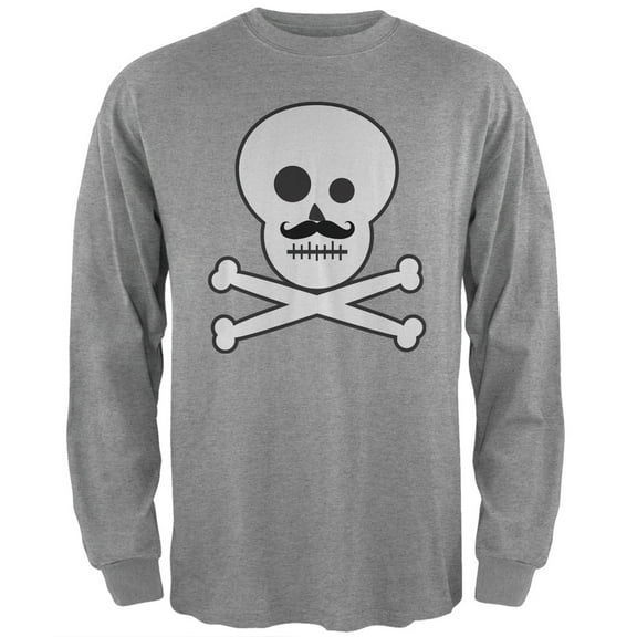 Skull and Crossbones Mustache Grey Adult Long Sleeve T-Shirt - Medium