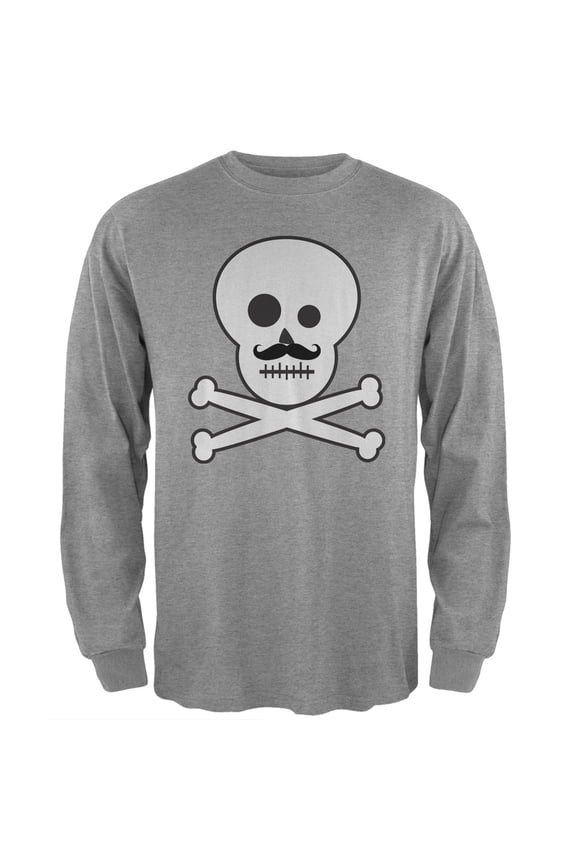 Skull and Crossbones Mustache Grey Adult Long Sleeve T-Shirt - Small