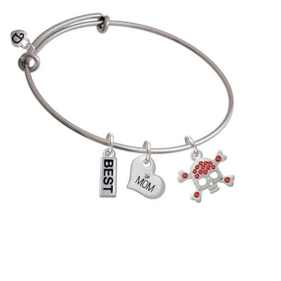 Skull and Crossbones with Red Crystals Mom Heart Expandable Bangle Bracelet
