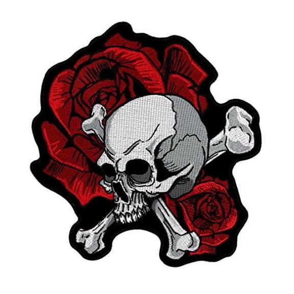 Skull and Crossbones with Roses Embroidered Back Patch Iron Sew HLPM4871
