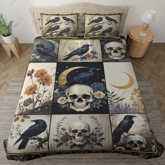 Skull and Crow Bird Bedding Set (68x88), halloween bedroom decor, halloween bed set
