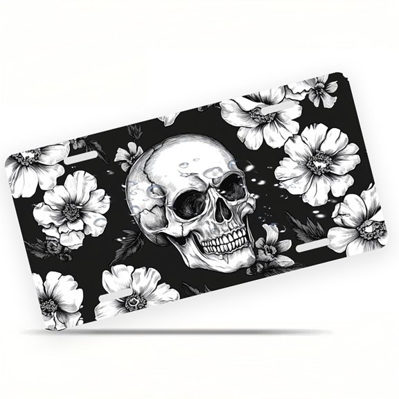 Skull and Floral Motif Funny Personalized License Plate Rust-proof Stainless Steel Metal License Plate Suitable For Men And Women 12.2" x 6.2"