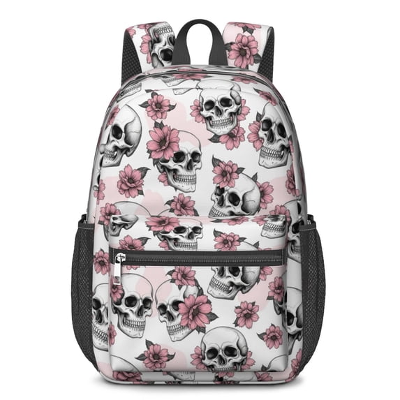 Skull and Flower Gothic Pattern 17" School Backpacks for Teens,Waterproof Oxford Fabric,S-Shape Padded Straps for School,Travel,Hiking,Camping