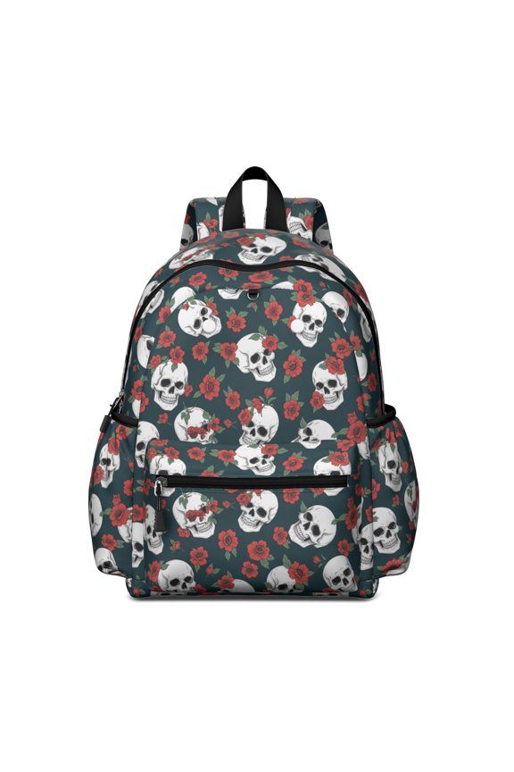 Skull and Flower Gothic Pattern Backpack for School, Cute School Bag with Adjustable Shoulder Straps and Padded Back, 13.4"x11"x4.7"