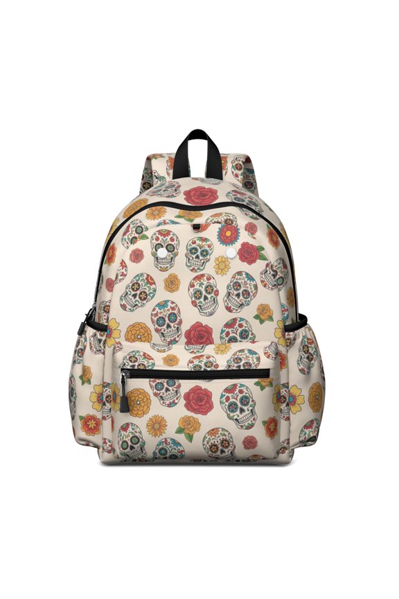 Skull and Flower Gothic Pattern Backpack for School, Cute School Bag with Adjustable Shoulder Straps and Padded Back, 13.4"x11"x4.7"