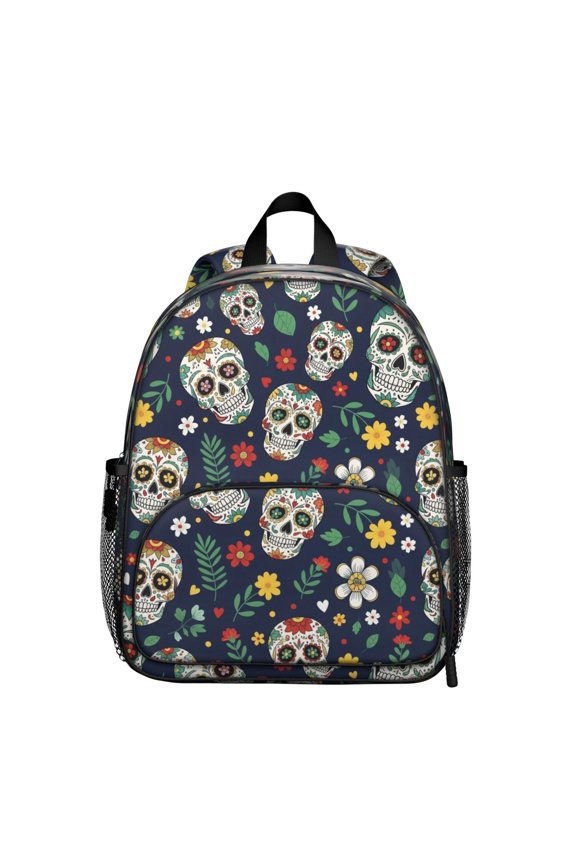 Skull and Flower Gothic Pattern Backpack for School, Cute School Bag with Adjustable Shoulder Straps and Padded Back, 13.8"x11.4"x6"