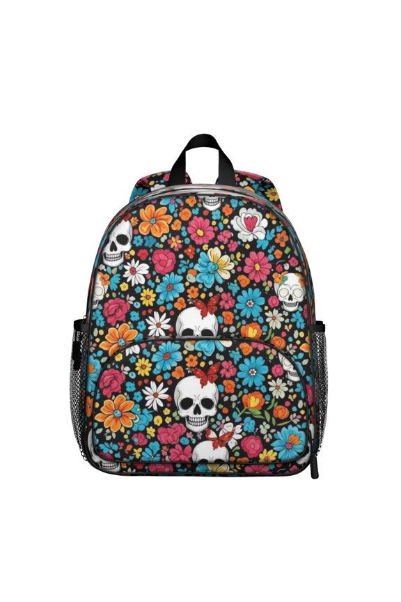 Skull and Flower Gothic Pattern Backpack for School, Cute School Bag with Adjustable Shoulder Straps and Padded Back, 13.8"x11.4"x6"