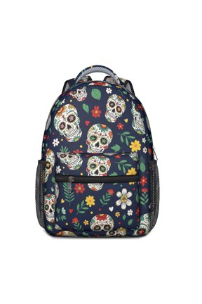 Skull and Flower Gothic Pattern Backpack for School, Cute School Bag with Adjustable Shoulder Straps and Padded Back, 15.3"x11"x6.7"
