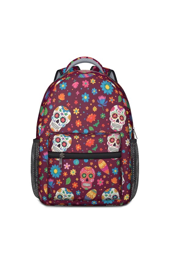 Skull and Flower Gothic Pattern Backpack for School, Cute School Bag with Adjustable Shoulder Straps and Padded Back, 15.3"x11"x6.7"