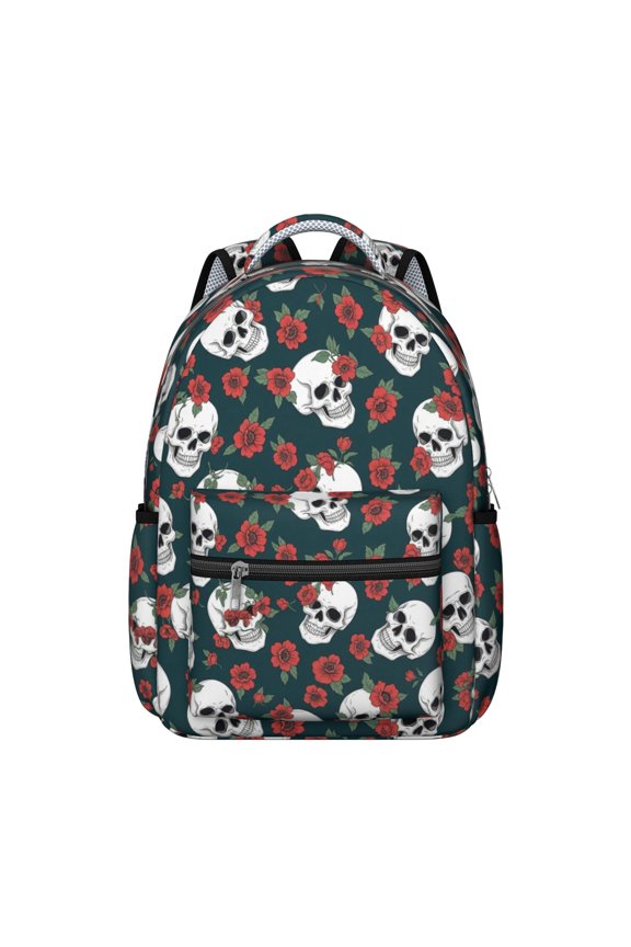 Skull and Flower Gothic Pattern Backpack for School, Cute School Bag with Adjustable Shoulder Straps and Padded Back, 15.3"x11"x7.1"