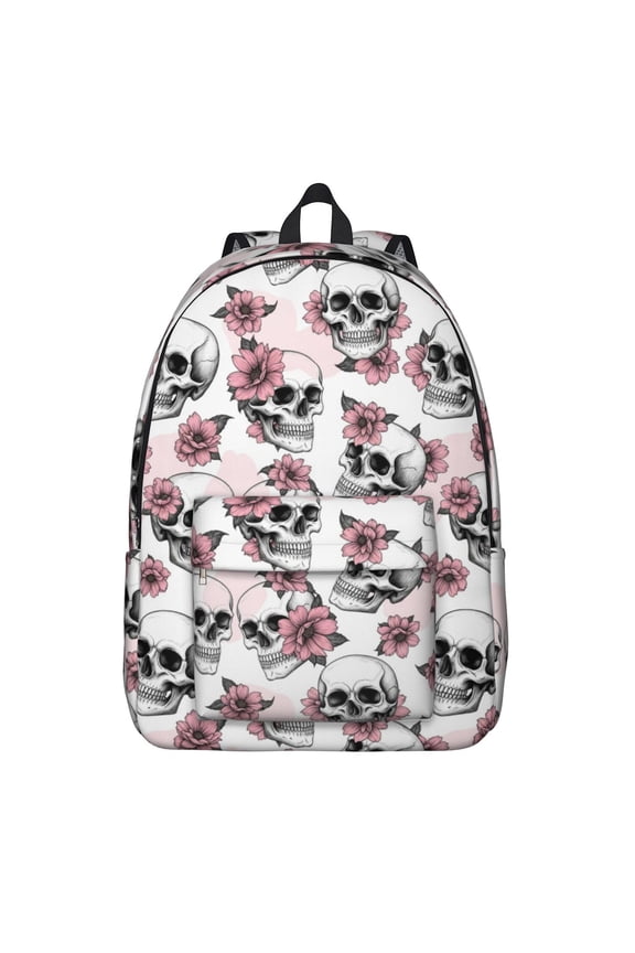 Skull and Flower Gothic Pattern Backpack for School, Cute School Bag with Adjustable Shoulder Straps and Padded Back, 15.7"x11.8"x5.5"