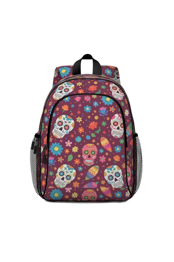 Skull and Flower Gothic Pattern Backpack for School, Cute School Bag with Adjustable Shoulder Straps and Padded Back, 15"x11.42"x5.5"