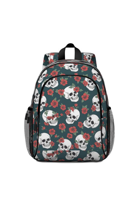 Skull and Flower Gothic Pattern Backpack for School, Cute School Bag with Adjustable Shoulder Straps and Padded Back, 15"x11.42"x5.5"