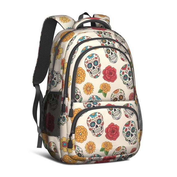 Skull and Flower Gothic Pattern Backpack for School, Cute School Bag with Adjustable Shoulder Straps and Padded Back, 16.9"x12.6"x5.9"