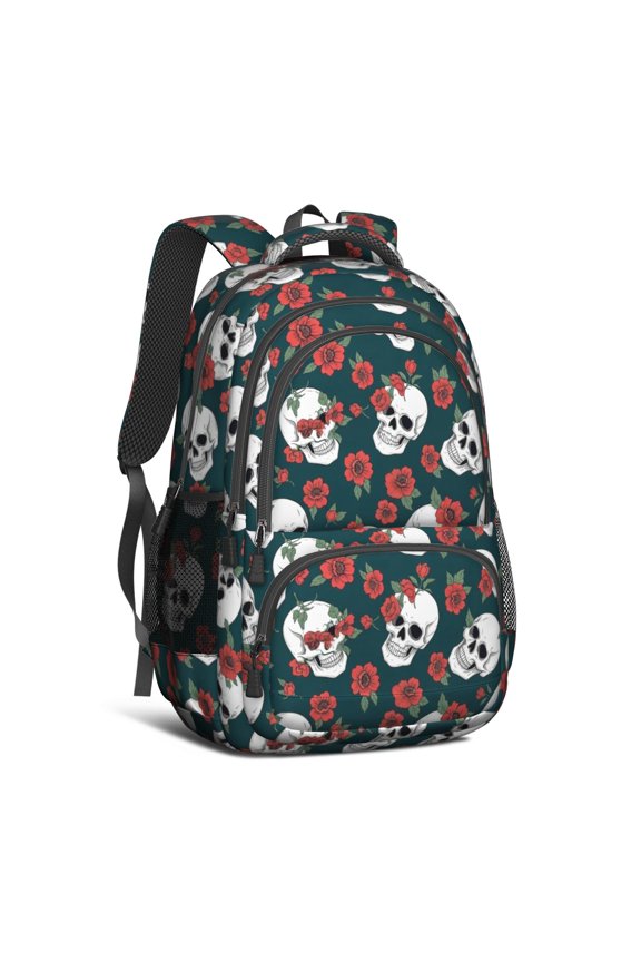 Skull and Flower Gothic Pattern Backpack for School, Cute School Bag with Adjustable Shoulder Straps and Padded Back, 16.9"x12.6"x5.9"