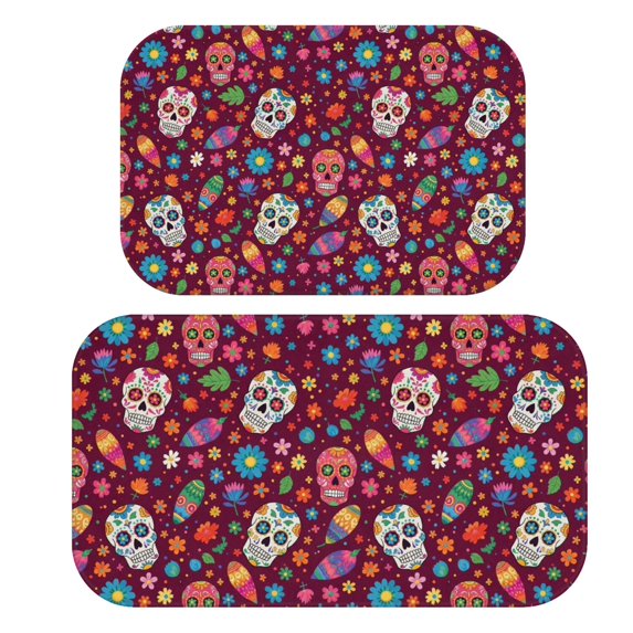 Skull and Flower Gothic Pattern Bath Mat Set Of 2,Non-Slip Rug for Bathroom,Kitchen,Bedroom,Entrance, 30x17 and 23.5x15.7 Inches
