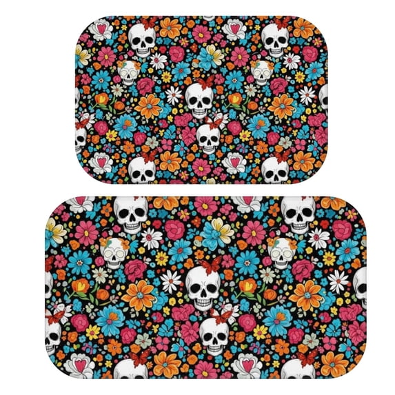 Skull and Flower Gothic Pattern Bath Mat Set Of 2,Non-Slip Rug for Bathroom,Kitchen,Bedroom,Entrance, 30x17 and 23.5x15.7 Inches