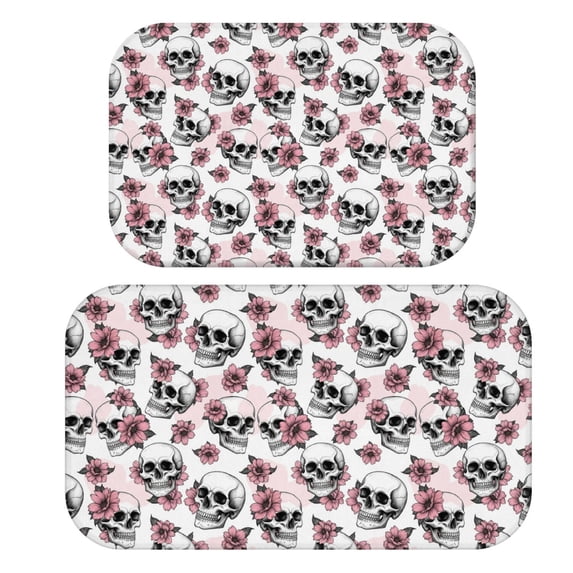 Skull and Flower Gothic Pattern Bath Mat Set Of 2,Non-Slip Rug for Bathroom,Kitchen,Bedroom,Entrance, 30x17 and 23.5x15.7 Inches