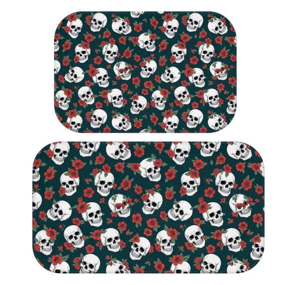 Skull and Flower Gothic Pattern Bath Mat Set Of 2,Non-Slip Rug for Bathroom,Kitchen,Bedroom,Entrance, 30x17 and 23.5x15.7 Inches