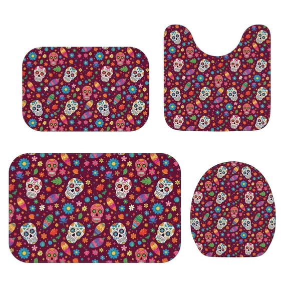 Skull and Flower Gothic Pattern Bathroom Rug Set 4 Piece,Includes Contour,Lid Cover,Bath Mat,Non-Slip Extra Soft Absorbent Washable