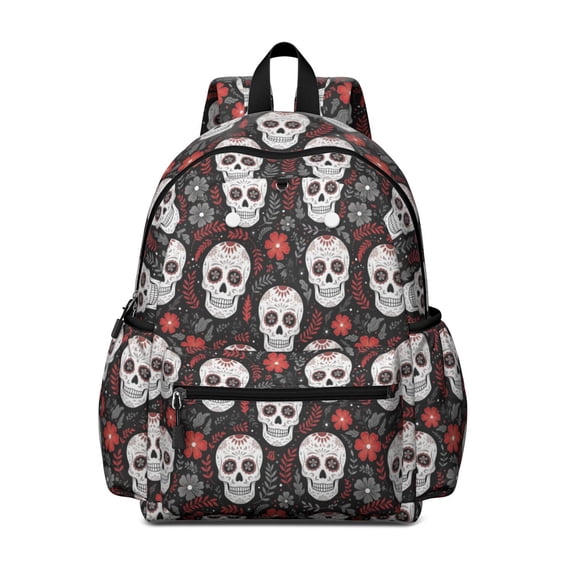 Skull and Flower Gothic Pattern Cute School Backpack with Padded Back and Adjustable Shoulder Straps 13.4"x11"x4.7"
