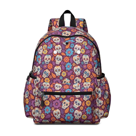Skull and Flower Gothic Pattern Cute School Backpack with Padded Back and Adjustable Shoulder Straps 13.4"x11"x4.7"