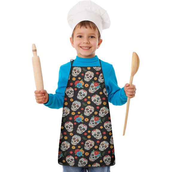 Skull and Flower Gothic Pattern Teens Aprons, Adjustable Neck Strap, Toddler & Teens Aprons for Cooking & Baking, 19x23.6 Inches