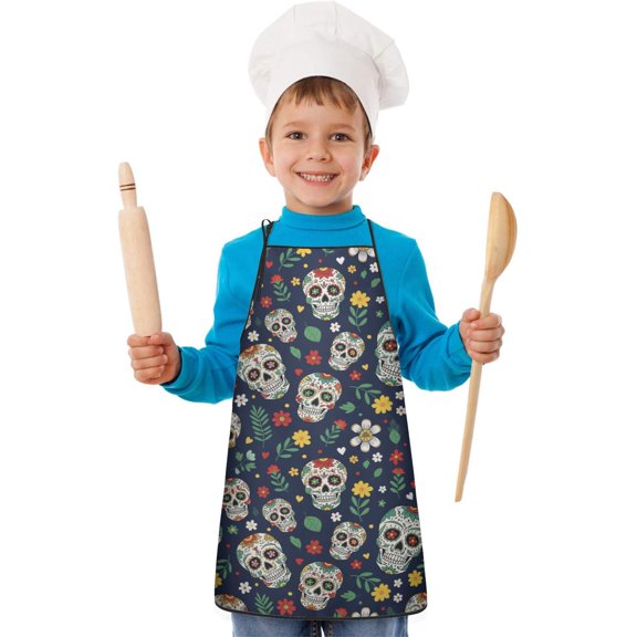 Skull and Flower Gothic Pattern Teens Aprons, Adjustable Neck Strap, Toddler & Teens Aprons for Cooking & Baking, 19x23.6 Inches