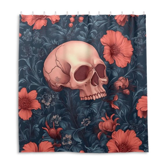 Skull and Flower Shower Curtain Liner 66x72 Inch Waterproof Shower Curtains Decorative Bathroom with 12 Pack Hooks