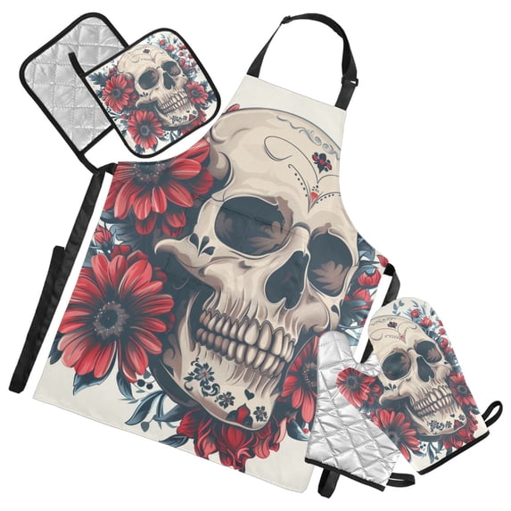 Skull and Flowers 5 Pcs Kitchen Set Heat Resistant Oven Mitts and Non-Slip Pot Holders with Adjustable Cooking Apron