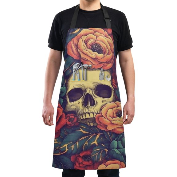 Skull and Flowers Chef Kitchen Apron with Pockets for Women Waterproof Aprons for Cooking Baking