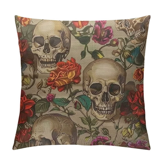 Skull and Flowers Throw Pillow Case Cushion Covers Sugar Skull Smiles Mexican Festival Halloween Cotton Linen for Couch Bed Sofa Car Waist