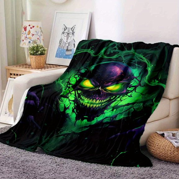 Skull and Green Flames Digital Print Flannel Throw Blanket Soft Warm Knit Contemporary Gothic Design Lightweight All-Season