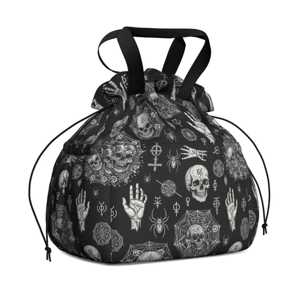 Skull and Hand Gothic Pattern Drawstring Insulated Lunch Bag for Women, Stain-Resistant Large Lunch Tote with Multi-Pockets for Work Office