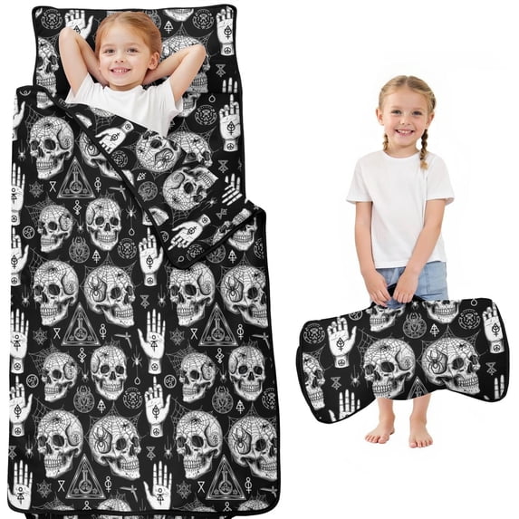 Skull and Hand Gothic Pattern Teens Toddler Nap Mat with Pillow, Sleeping Mat Bag for Preschool Daycare 50"x20"