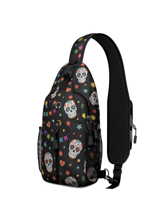 Skull and Heart Gothic Pattern Sling Backpack, Cycling Sling Bag with Earphone Port, Breathable Padded Back Gift Ideas for Hiking Cycling Walking