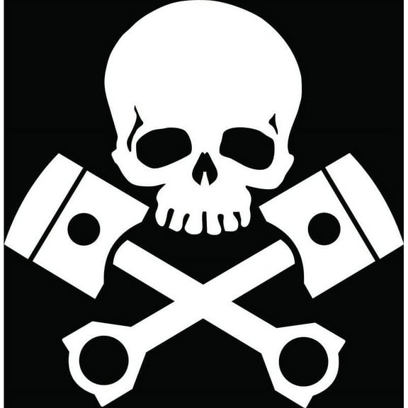 Skull and Pistons Vinyl Decal Sticker|Cars Trucks Vans Walls Laptops Cups|White|5.5 inches|KCD908
