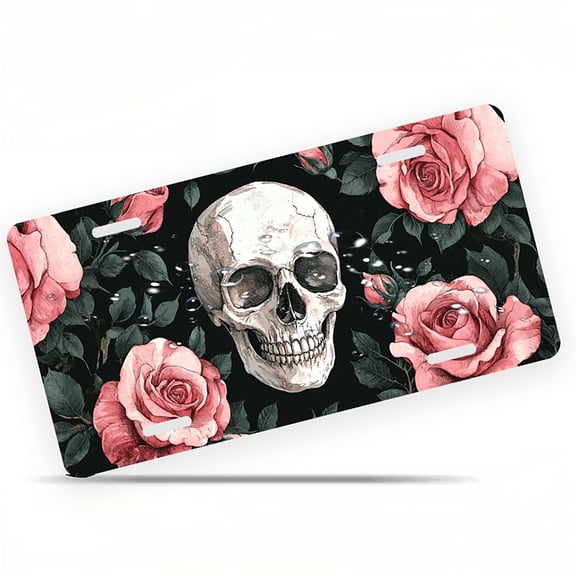 Skull and Rose Design Funny Personalized License Plate Rust-proof Stainless Steel Metal License Plate Suitable For Men And Women 12.2" x 6.2"