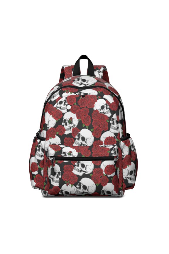 Skull and Rose Gothic Pattern Backpack for School, Cute School Bag with Adjustable Shoulder Straps and Padded Back, 13.4"x11"x4.7"