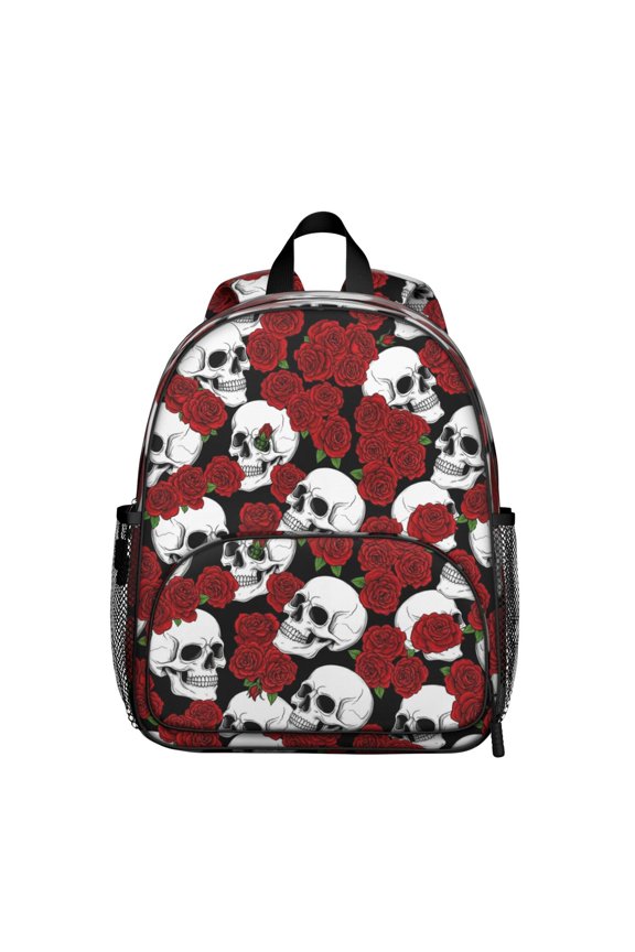 Skull and Rose Gothic Pattern Backpack for School, Cute School Bag with Adjustable Shoulder Straps and Padded Back, 13.8"x11.4"x6"