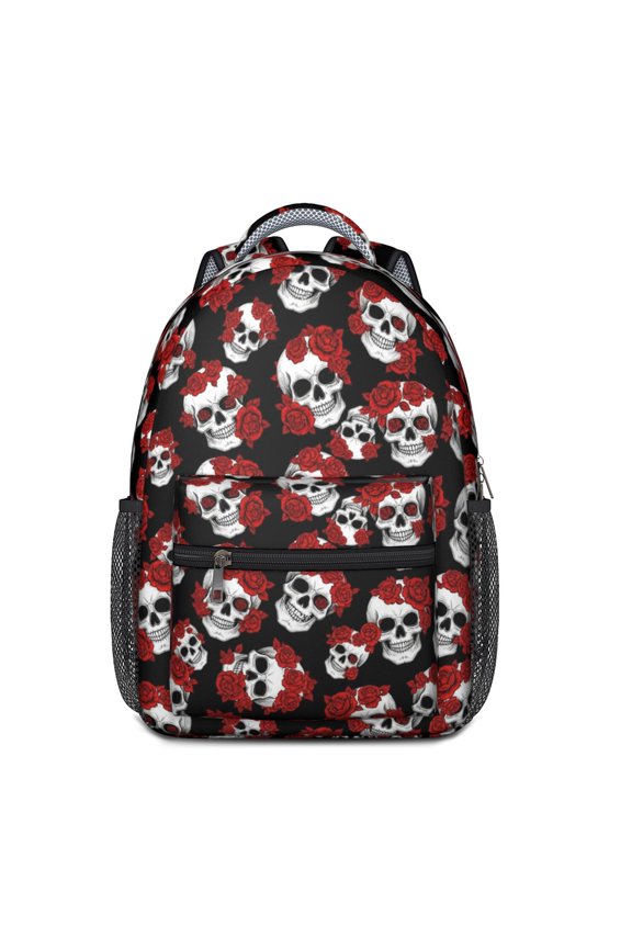 Skull and Rose Gothic Pattern Backpack for School, Cute School Bag with Adjustable Shoulder Straps and Padded Back, 15.3"x11"x6.7"
