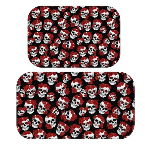 Skull and Rose Gothic Pattern Bath Mat Set Of 2,Non-Slip Rug for Bathroom,Kitchen,Bedroom,Entrance, 30x17 and 23.5x15.7 Inches