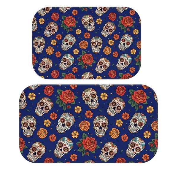 Skull and Rose Gothic Pattern Bath Mat Set Of 2,Non-Slip Rug for Bathroom,Kitchen,Bedroom,Entrance, 30x17 and 23.5x15.7 Inches