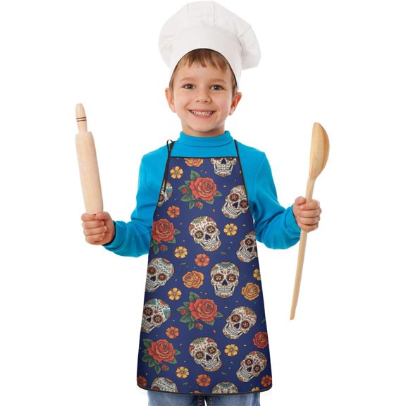 Skull and Rose Gothic Pattern Teens Aprons, Adjustable Neck Strap, Toddler & Teens Aprons for Cooking & Baking, 19x23.6 Inches