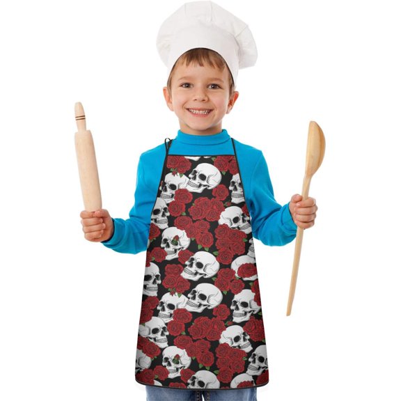 Skull and Rose Gothic Pattern Teens Aprons, Adjustable Neck Strap, Toddler & Teens Aprons for Cooking & Baking, 19x23.6 Inches
