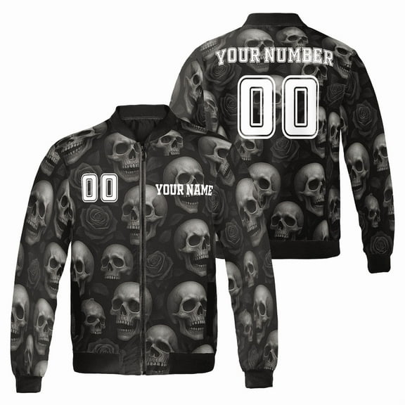 Skull and Roses Bomber Jacket – Custom Name & Number Gothic Style Jacket for Men & Women
