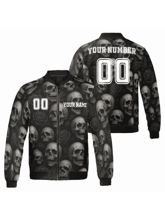 Skull and Roses Bomber Jacket – Custom Name & Number Gothic Style Jacket for Men & Women