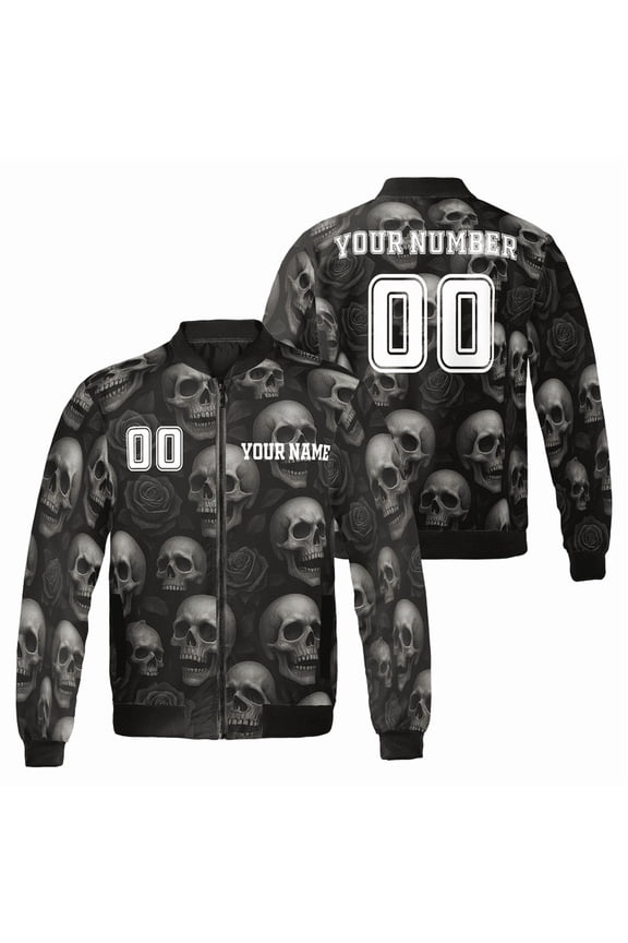 Skull and Roses Bomber Jacket – Custom Name & Number Gothic Style Jacket for Men & Women