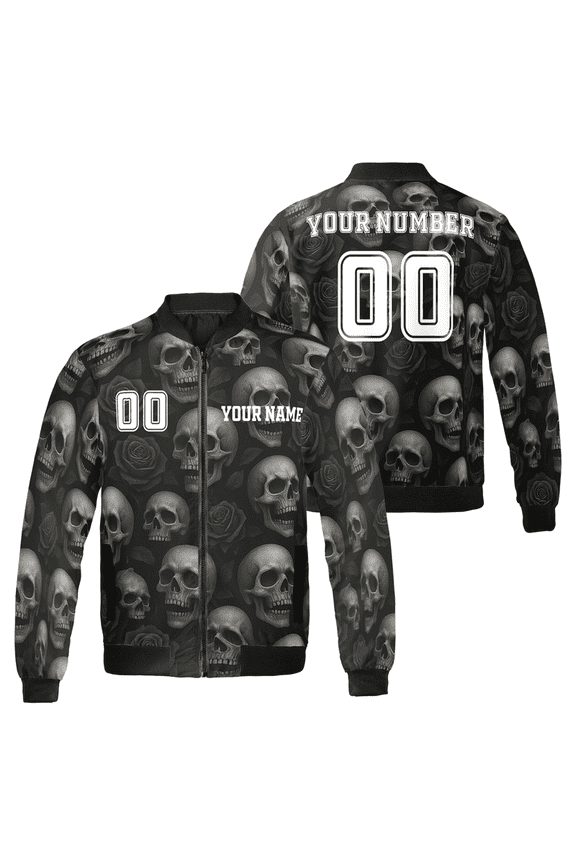 Skull and Roses Bomber Jacket – Custom Name & Number Gothic Style Jacket for Men & Women